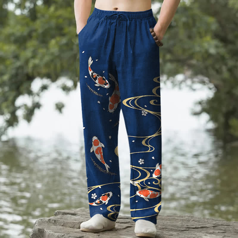 Buddha Stones Pantalones de hombre de algodón con estampado de peces koi y corte ajustado, con bolsillos. - Marina de guerra - US/UK/AU50, EU60 (5XL) - image 8