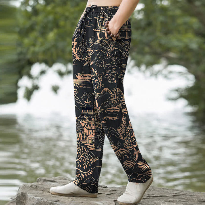 Buddha Stones Pantalones de hombre de algodón con estampado de paisaje oriental, corte cónico y bolsillos. - image 5