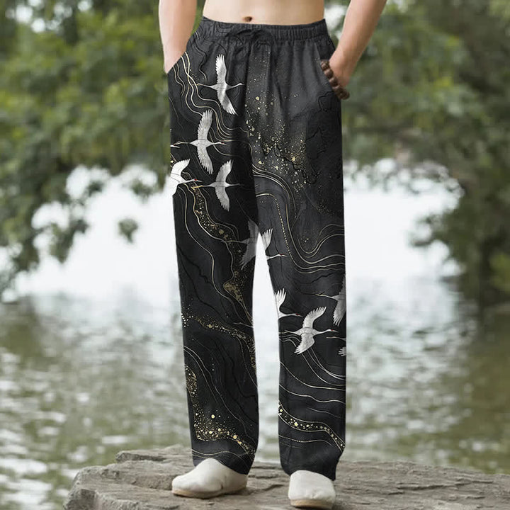 Buddha Stones Pantalones de hombre de algodón blanco con estampado de grullas y olas, corte cónico y bolsillos. - Negro - US/UK/AU50, EU60 (5XL) - image 0