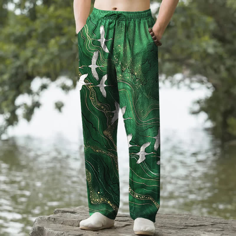 Buddha Stones Pantalones de hombre de algodón blanco con estampado de grullas y olas, corte cónico y bolsillos. - Verde bosque - US/UK/AU50, EU60 (5XL) - image 4