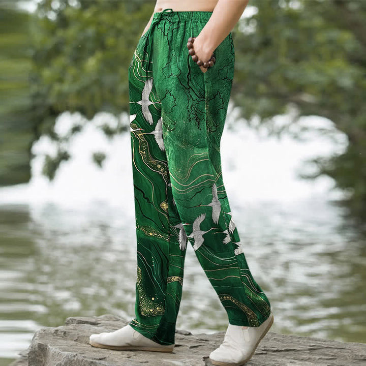 Buddha Stones Pantalones de hombre de algodón blanco con estampado de grullas y olas, corte cónico y bolsillos. - image 5
