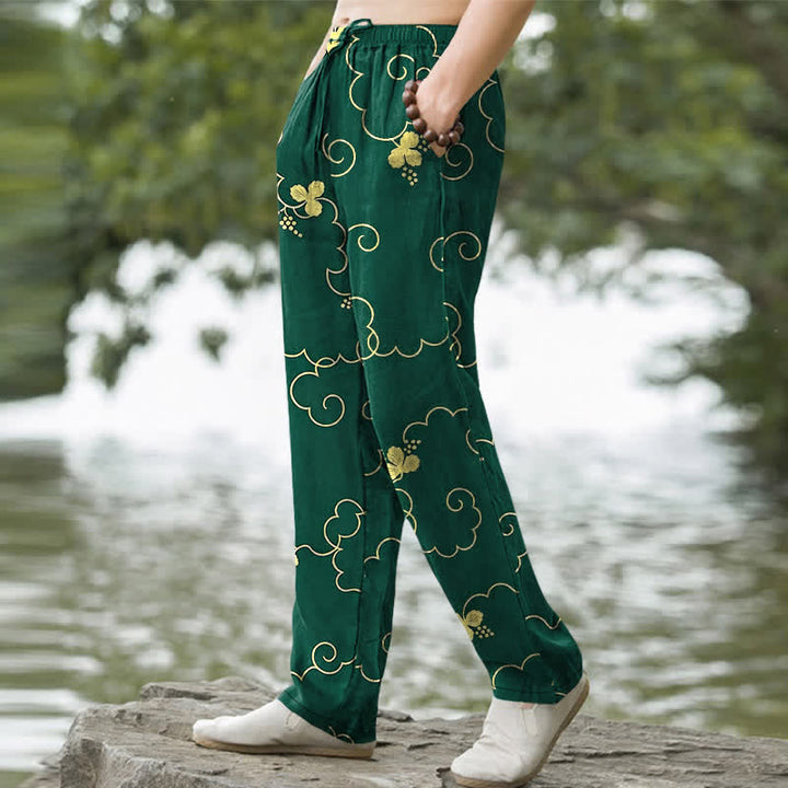 Buddha Stones Pantalones de hombre de algodón con estampado floral dorado y nubes, corte ajustado y bolsillos. - image 1