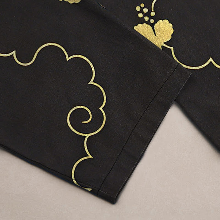 Buddha Stones Pantalones de hombre de algodón con estampado floral dorado y nubes, corte ajustado y bolsillos. - image 6