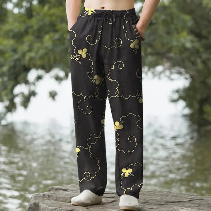 Buddha Stones Pantalones de hombre de algodón con estampado floral dorado y nubes, corte ajustado y bolsillos. - Negro - US/UK/AU50, EU60 (5XL) - image 4