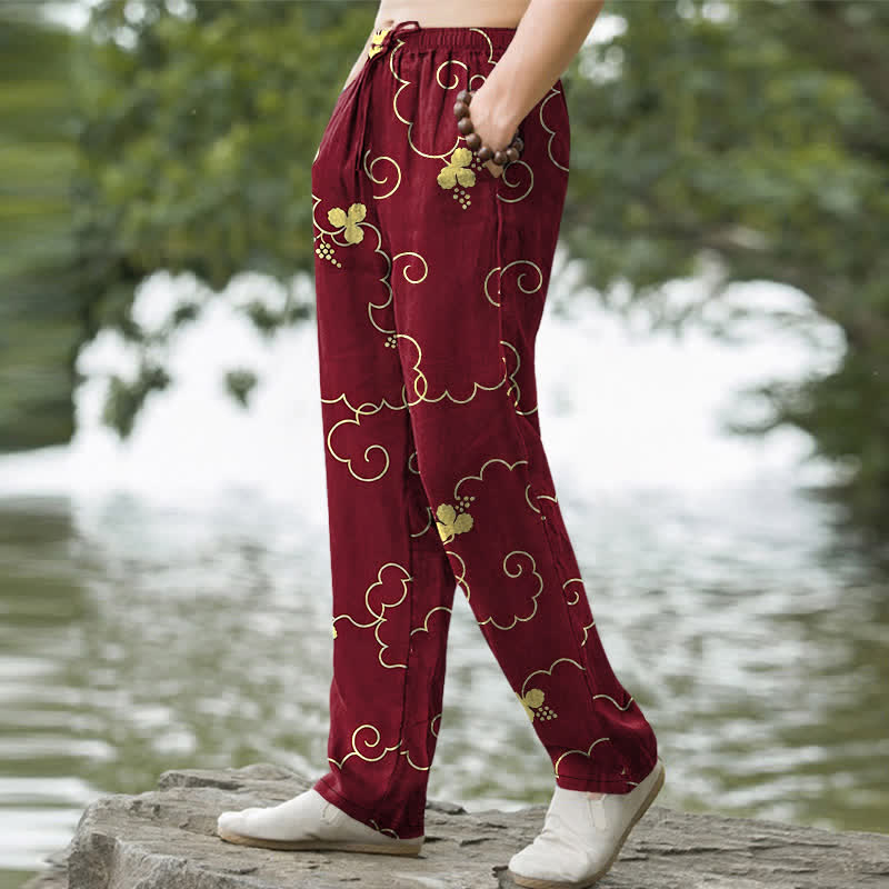 Buddha Stones Pantalones de hombre de algodón con estampado floral dorado y nubes, corte ajustado y bolsillos. - image 9