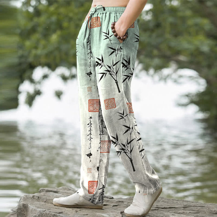 Buddha Stones Pantalones de hombre de algodón con estampado de bambú y corte ajustado, con bolsillos. - image 1