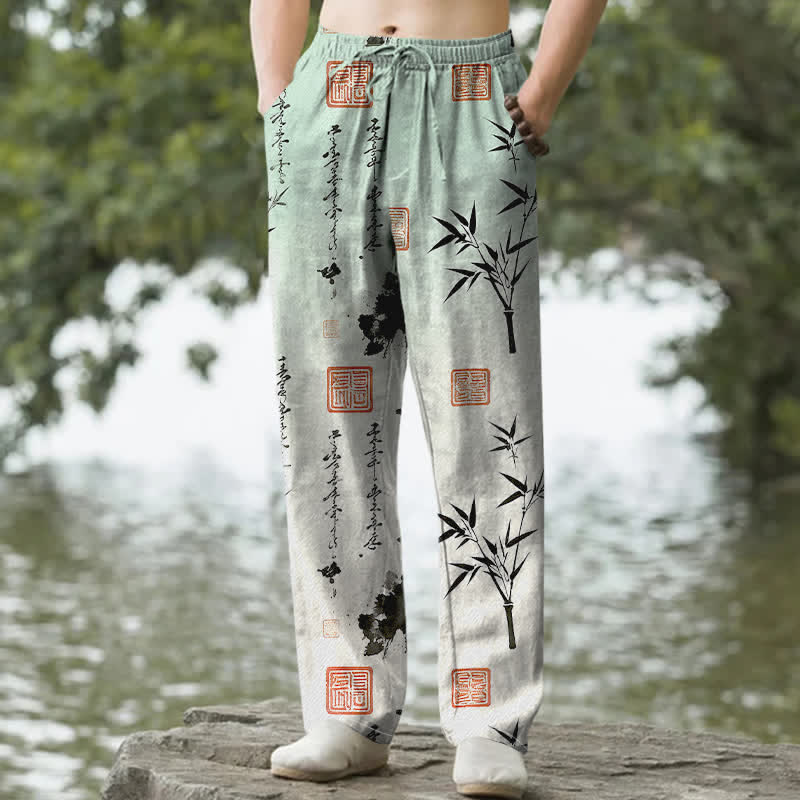 Buddha Stones Pantalones de hombre de algodón con estampado de bambú y corte ajustado, con bolsillos. - Verde pálido - US/UK/AU50, EU60 (5XL) - image 0