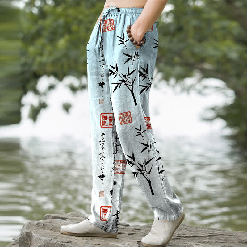 Buddha Stones Pantalones de hombre de algodón con estampado de bambú y corte ajustado, con bolsillos. - image 5