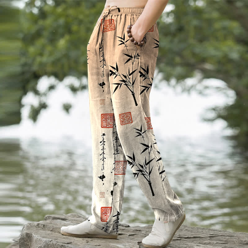 Buddha Stones Pantalones de hombre de algodón con estampado de bambú y corte ajustado, con bolsillos. - image 9