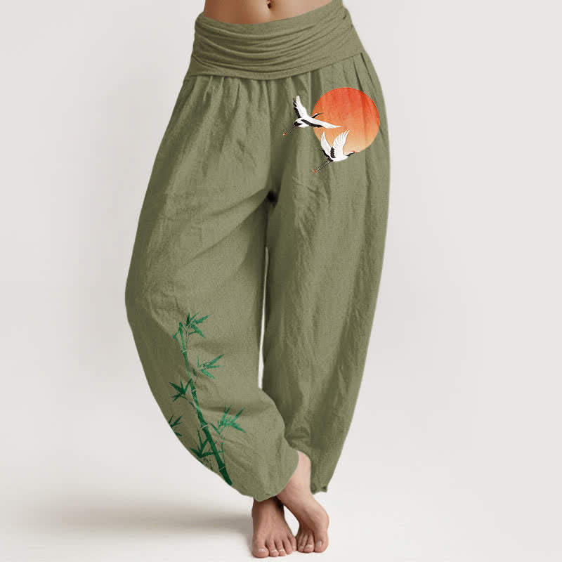 Buddha Stones Pantalones harem de algodón puro con estampado de grulla solar y bambú para mujer, con cintura elástica. - Verde oliva - US16，UK/AU20，EU48 (3XL) - image 14