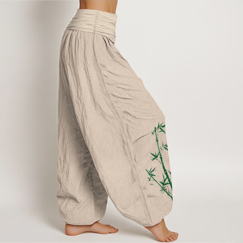 Buddha Stones Pantalones harem de algodón puro con estampado de grulla solar y bambú para mujer, con cintura elástica. - image 1