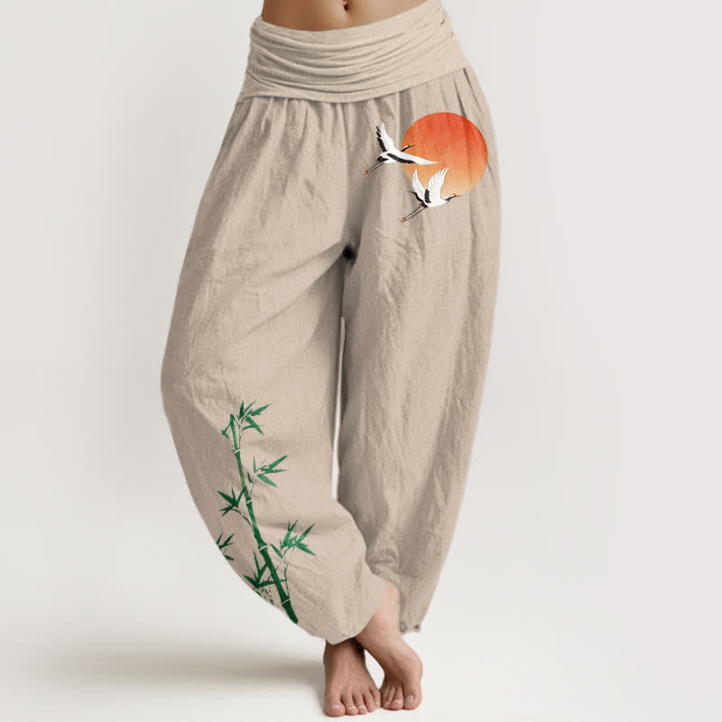 Buddha Stones Pantalones harem de algodón puro con estampado de grulla solar y bambú para mujer, con cintura elástica. - Lino - US16，UK/AU20，EU48 (3XL) - image 0