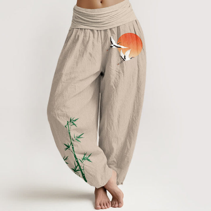 Buddha Stones Pantalones harem de algodón puro con estampado de grulla solar y bambú para mujer, con cintura elástica. - Lino - US16，UK/AU20，EU48 (3XL) - image 0
