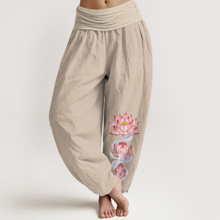 Buddha Stones Pantalones harem de mujer de algodón puro con estampado de loto rosa y cintura elástica. - Lino - US16，UK/AU20，EU48 (3XL) - image 11