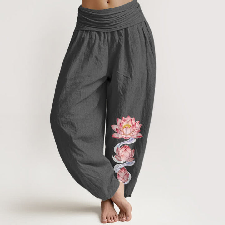 Buddha Stones Pantalones harem de mujer de algodón puro con estampado de loto rosa y cintura elástica. - Gris oscuro - US16，UK/AU20，EU48 (3XL) - image 8