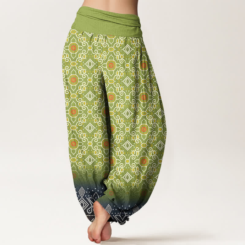 Buddha Stones Pantalones harem de algodón con estampado floral geométrico bohemio para mujer, cintura elástica. - image 1