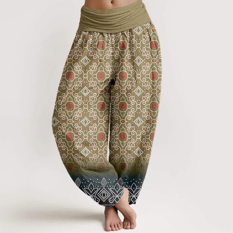 Buddha Stones Pantalones harem de algodón con estampado floral geométrico bohemio para mujer, cintura elástica. - Aceituna - US16，UK/AU20，EU48 (3XL) - image 5