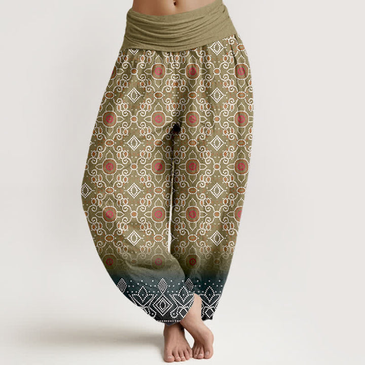 Buddha Stones Pantalones harem de algodón con estampado floral geométrico bohemio para mujer, cintura elástica. - Aceituna - US16，UK/AU20，EU48 (3XL) - image 5