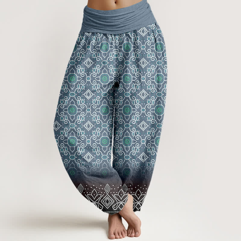 Buddha Stones Pantalones harem de algodón con estampado floral geométrico bohemio para mujer, cintura elástica. - Azul acero - US16，UK/AU20，EU48 (3XL) - image 8