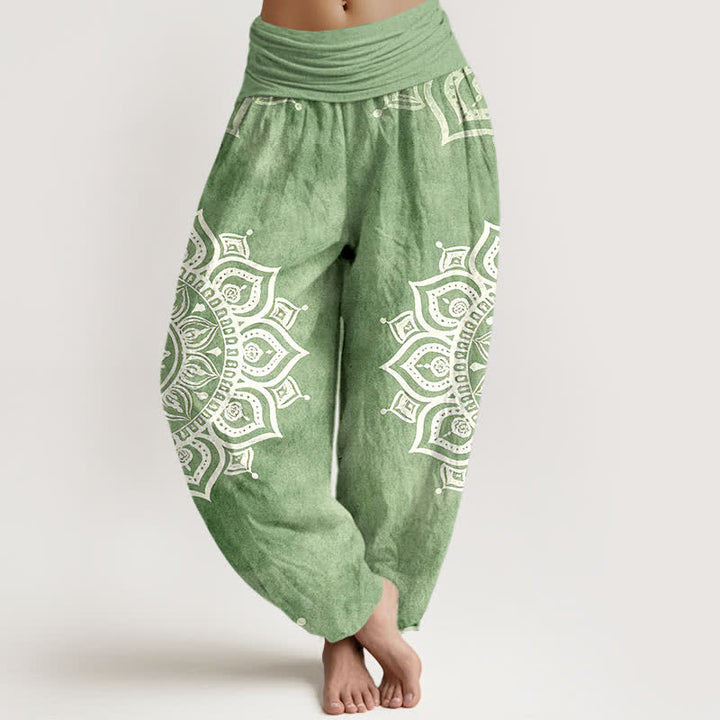 Buddha Stones Pantalones harem de mujer con cintura elástica, estampado floral mandala blanco, de algodón puro. - Verde claro - US16，UK/AU20，EU48 (3XL) - image 0
