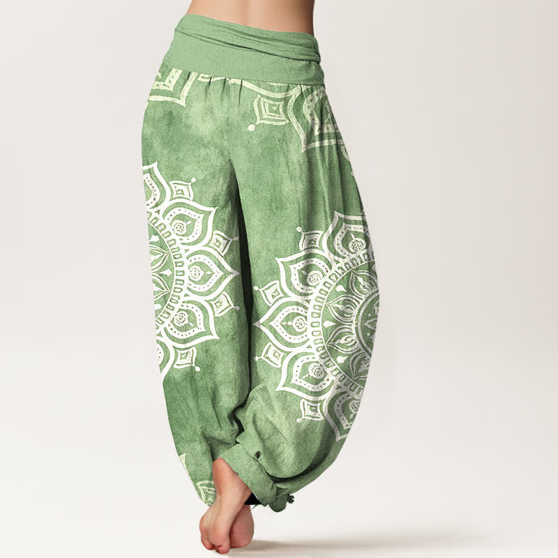 Buddha Stones Pantalones harem de mujer con cintura elástica, estampado floral mandala blanco, de algodón puro. - image 1