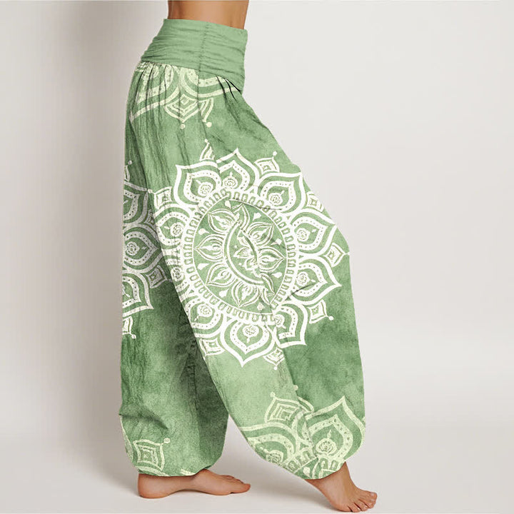 Buddha Stones Pantalones harem de mujer con cintura elástica, estampado floral mandala blanco, de algodón puro. - image 2