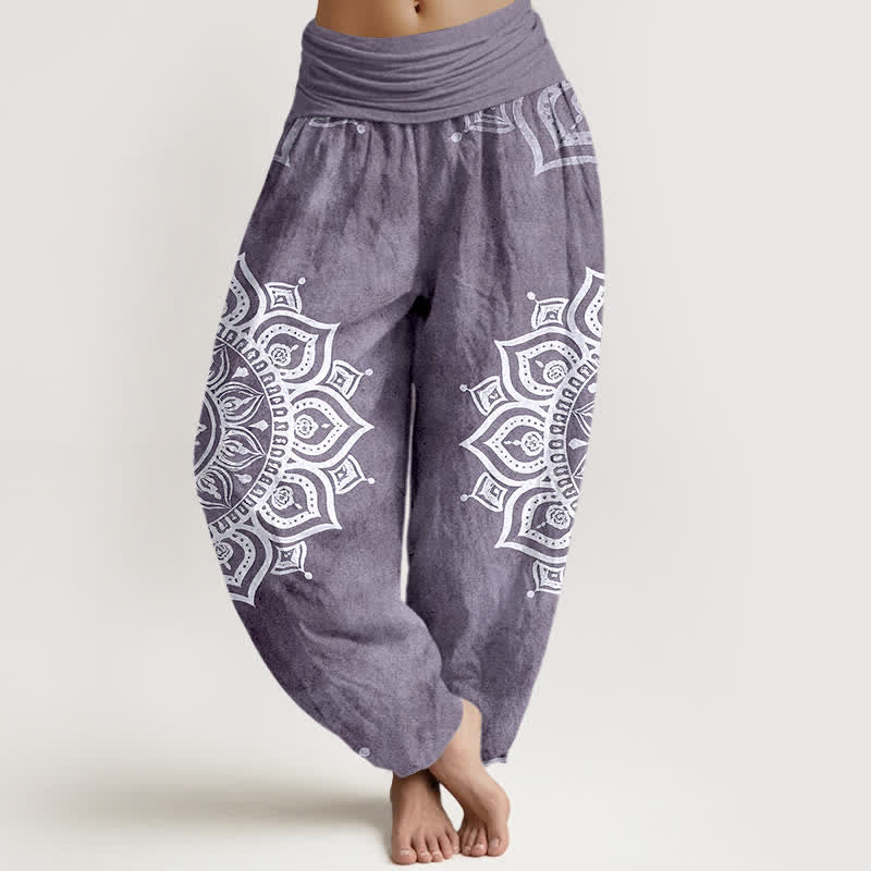 Buddha Stones Pantalones harem de mujer con cintura elástica, estampado floral mandala blanco, de algodón puro. - Morado medio - US16，UK/AU20，EU48 (3XL) - image 5