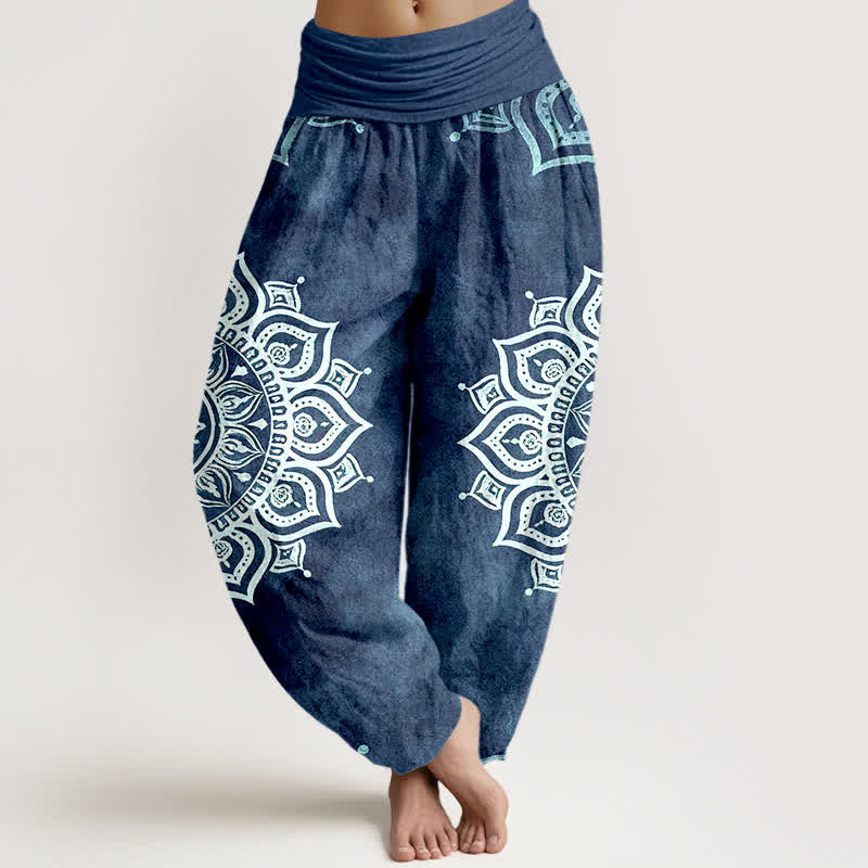 Buddha Stones Pantalones harem de mujer con cintura elástica, estampado floral mandala blanco, de algodón puro. - Azul acero - US16，UK/AU20，EU48 (3XL) - image 8