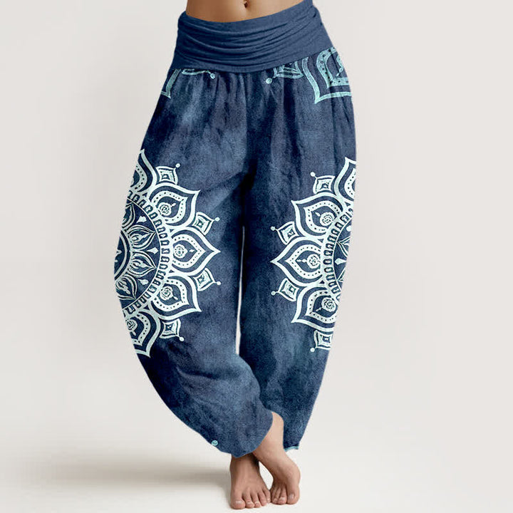 Buddha Stones Pantalones harem de mujer con cintura elástica, estampado floral mandala blanco, de algodón puro. - Azul acero - US16，UK/AU20，EU48 (3XL) - image 8