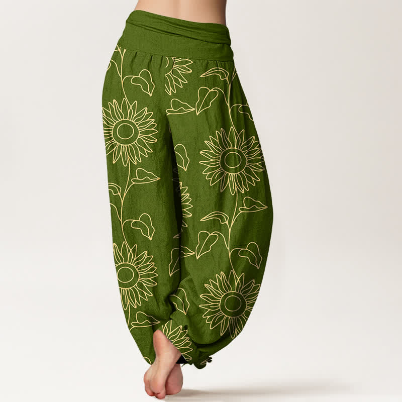 Buddha Stones Pantalones harem de mujer con cintura elástica y estampado de girasoles color oro algodón. - image 1