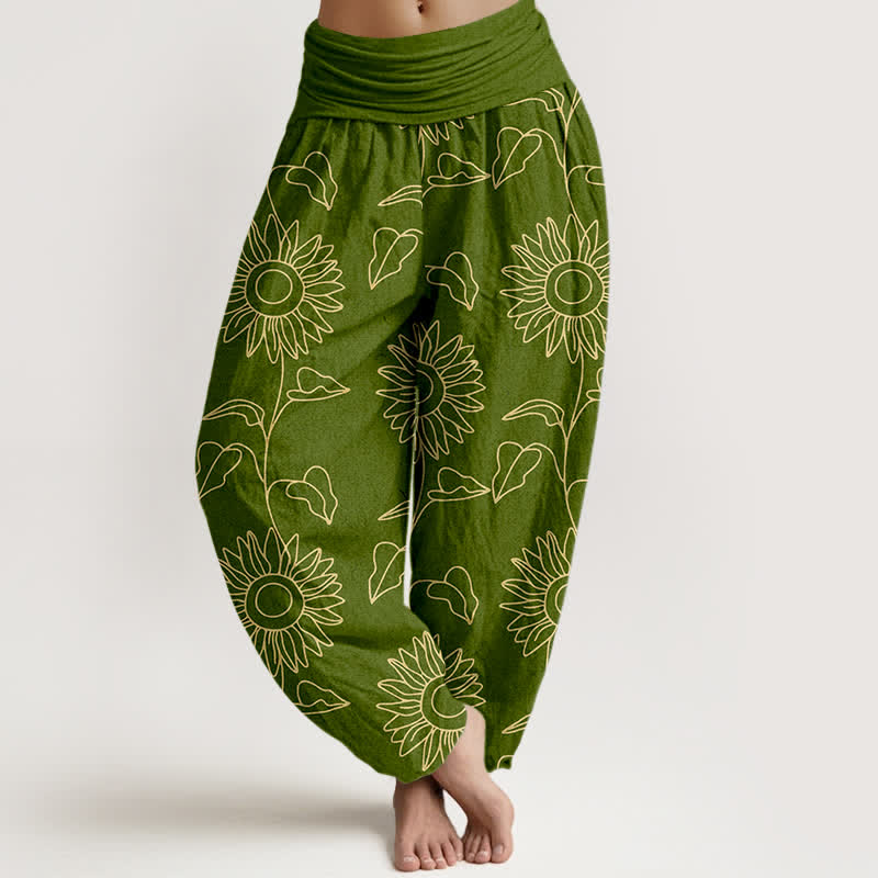 Buddha Stones Pantalones harem de mujer con cintura elástica y estampado de girasoles color oro algodón. - Verde oliva - US16，UK/AU20，EU48 (3XL) - image 0