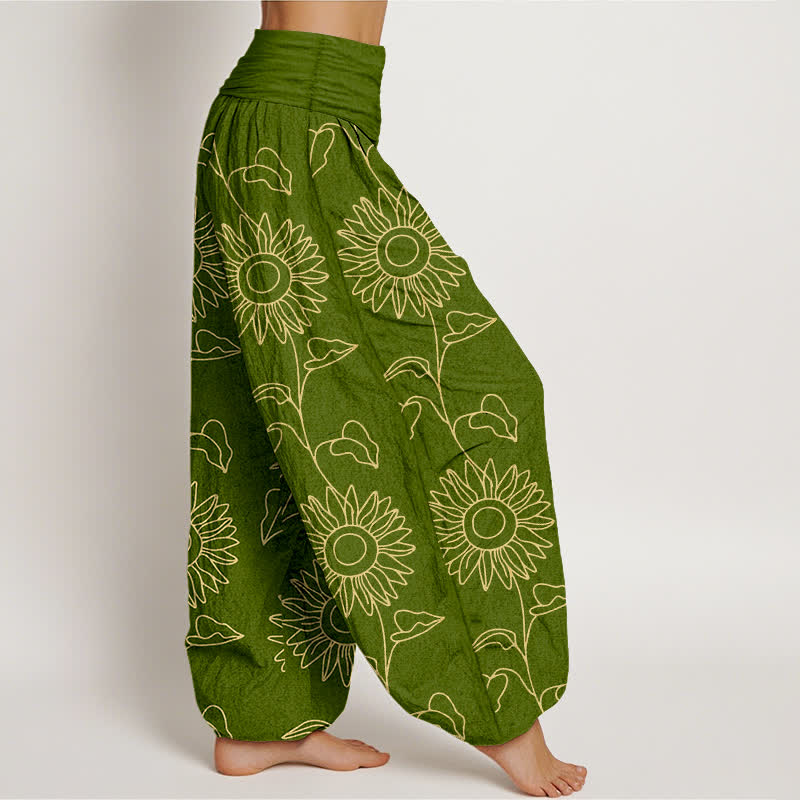 Buddha Stones Pantalones harem de mujer con cintura elástica y estampado de girasoles color oro algodón. - image 2