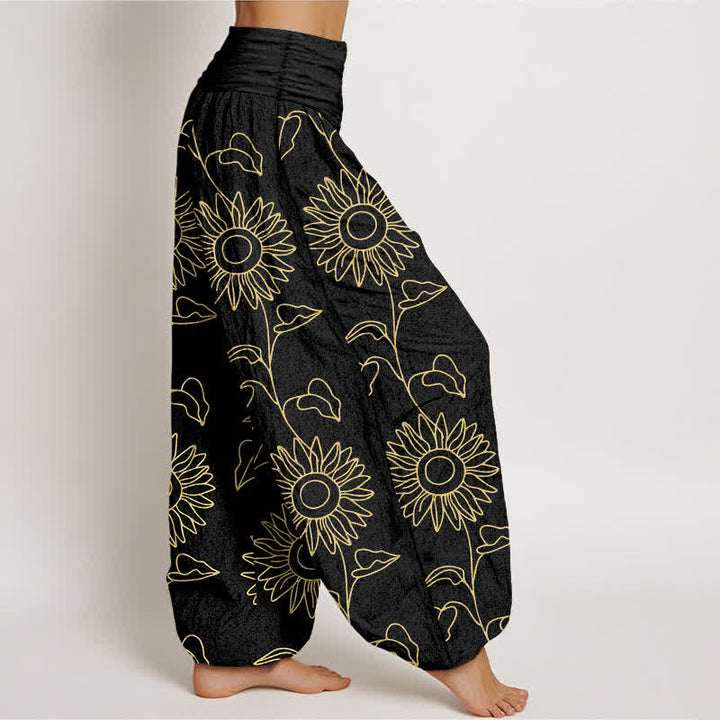 Buddha Stones Pantalones harem de mujer con cintura elástica y estampado de girasoles color oro algodón. - image 7