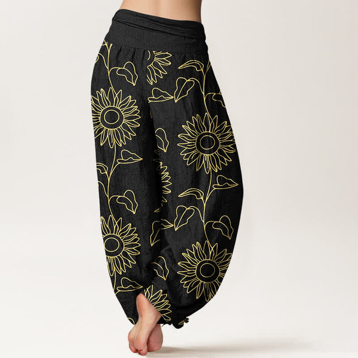 Buddha Stones Pantalones harem de mujer con cintura elástica y estampado de girasoles color oro algodón. - image 6