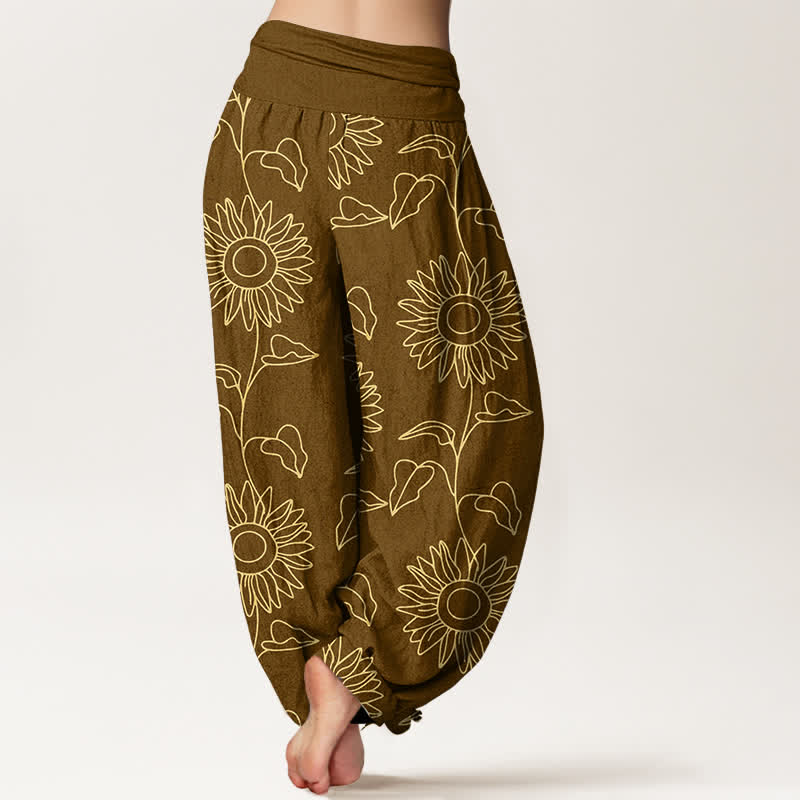 Buddha Stones Pantalones harem de mujer con cintura elástica y estampado de girasoles color oro algodón. - image 9