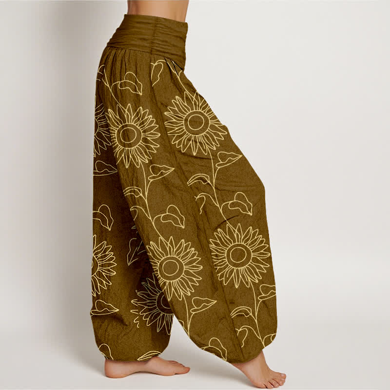 Buddha Stones Pantalones harem de mujer con cintura elástica y estampado de girasoles color oro algodón. - image 10