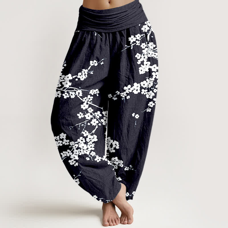 Buddha Stones Pantalones harem de mujer con cintura elástica y estampado de ramas de flores blancas, de algodón puro. - Negro - US16，UK/AU20，EU48 (3XL) - image 8