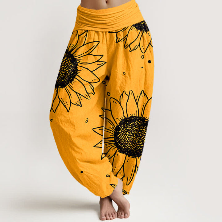 Buddha Stones Pantalones harem de mujer con cintura elástica y estampado de girasoles, de algodón puro. - Naranja - US16，UK/AU20，EU48 (3XL) - image 0