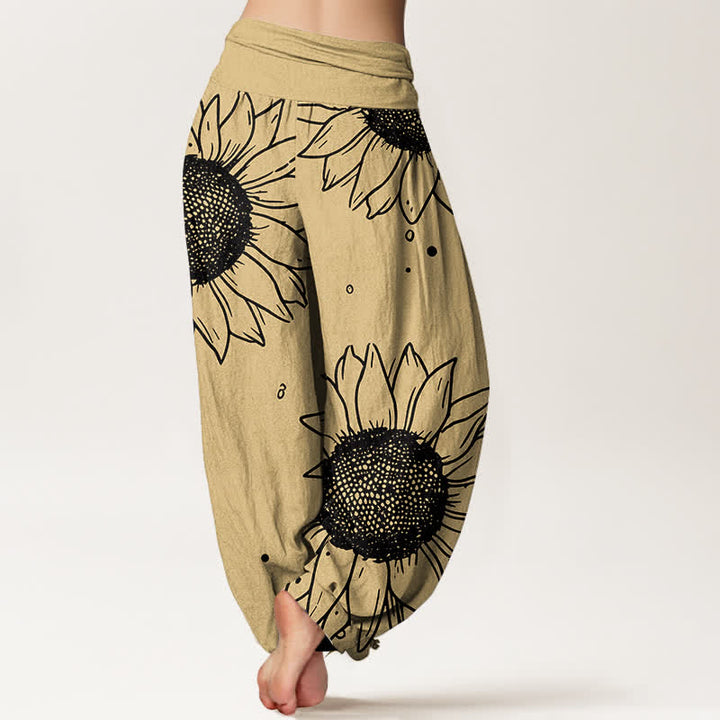 Buddha Stones Pantalones harem de mujer con cintura elástica y estampado de girasoles, de algodón puro. - image 6