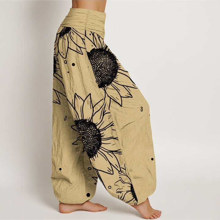 Buddha Stones Pantalones harem de mujer con cintura elástica y estampado de girasoles, de algodón puro. - image 7