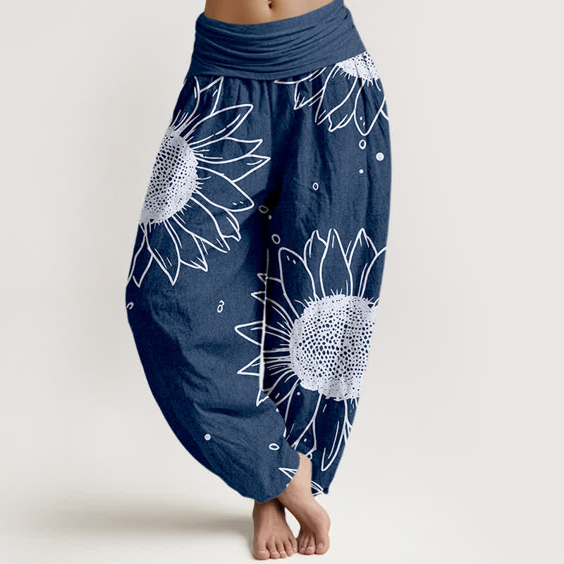 Buddha Stones Pantalones harem de mujer con cintura elástica y estampado de girasoles, de algodón puro. - Marina de guerra - US16，UK/AU20，EU48 (3XL) - image 8