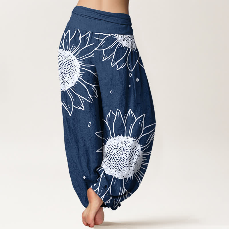 Buddha Stones Pantalones harem de mujer con cintura elástica y estampado de girasoles, de algodón puro. - image 9