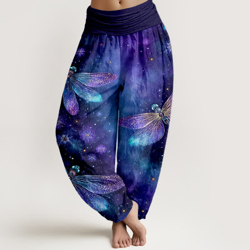 Buddha Stones Pantalones harem de algodón con estampado floral de libélulas y cintura elástica para mujer. - Índigo - US16，UK/AU20，EU48 (3XL) - image 0