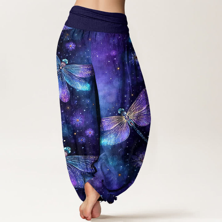 Buddha Stones Pantalones harem de algodón con estampado floral de libélulas y cintura elástica para mujer. - image 1