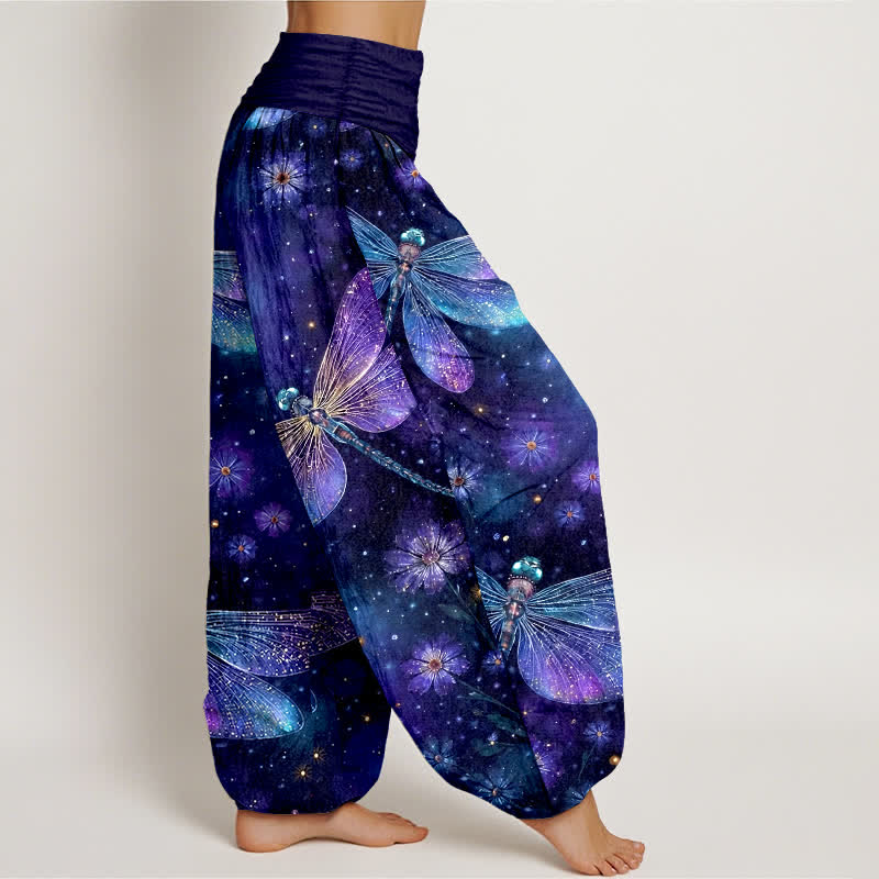 Buddha Stones Pantalones harem de algodón con estampado floral de libélulas y cintura elástica para mujer. - image 2