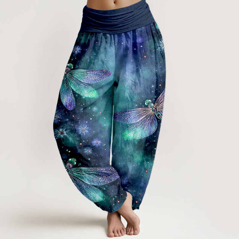 Buddha Stones Pantalones harem de algodón con estampado floral de libélulas y cintura elástica para mujer. - Azul oscuro - US16，UK/AU20，EU48 (3XL) - image 5