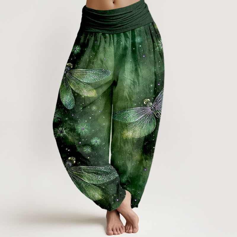 Buddha Stones Pantalones harem de algodón con estampado floral de libélulas y cintura elástica para mujer. - Verde bosque - US16，UK/AU20，EU48 (3XL) - image 8