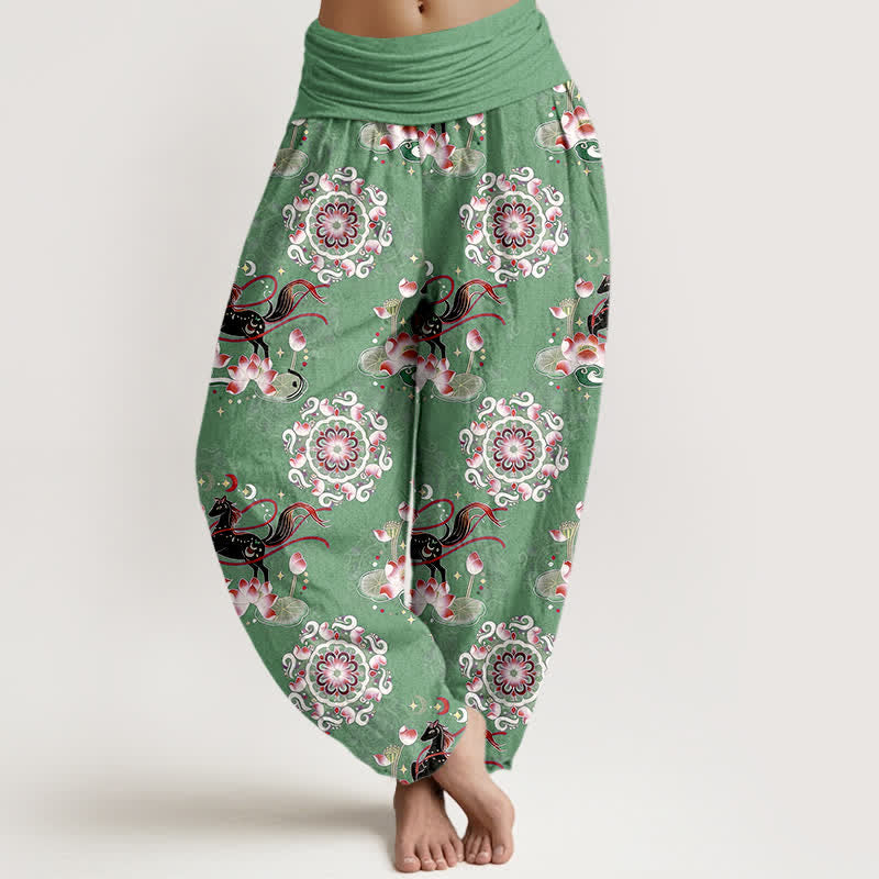 Buddha Stones Pantalones harem de algodón puro con estampado de caballo, loto y mandala para mujer con cintura elástica. - Verde mar medio - US16，UK/AU20，EU48 (3XL) - image 5
