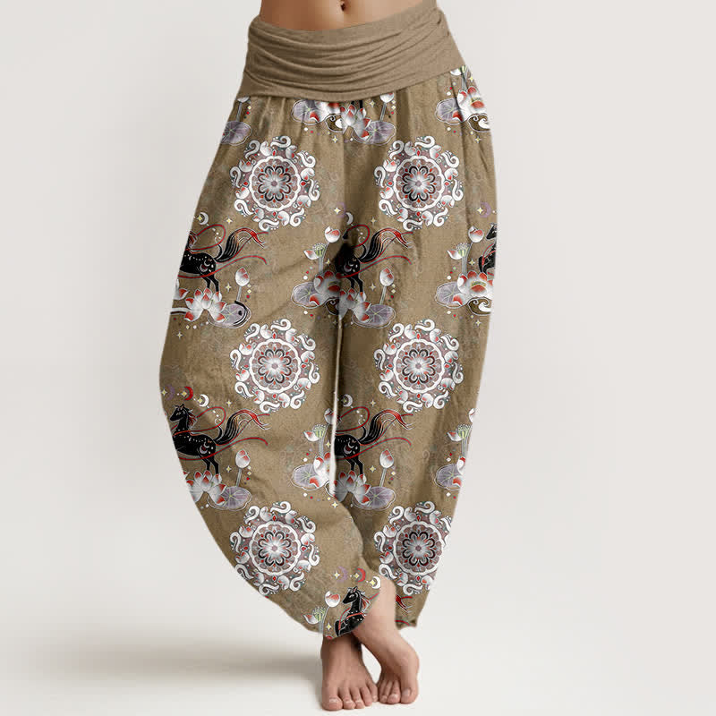 Buddha Stones Pantalones harem de algodón puro con estampado de caballo, loto y mandala para mujer con cintura elástica. - Broncearse - US16，UK/AU20，EU48 (3XL) - image 8