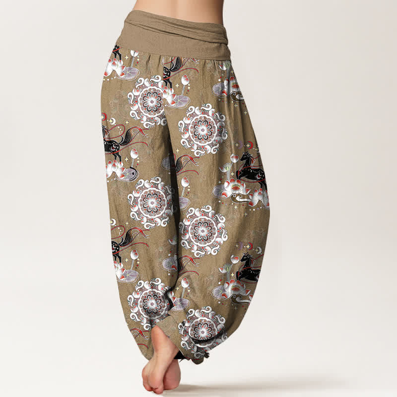 Buddha Stones Pantalones harem de algodón puro con estampado de caballo, loto y mandala para mujer con cintura elástica. - image 9